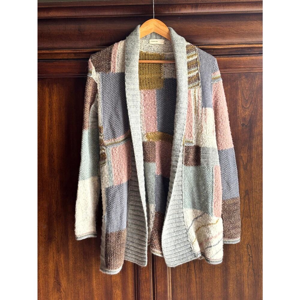 Patchwork Sweater Cardigan Cottage Coastal Fisherman Alpaca Mohair Linen Blend S - Picture 2 of 7